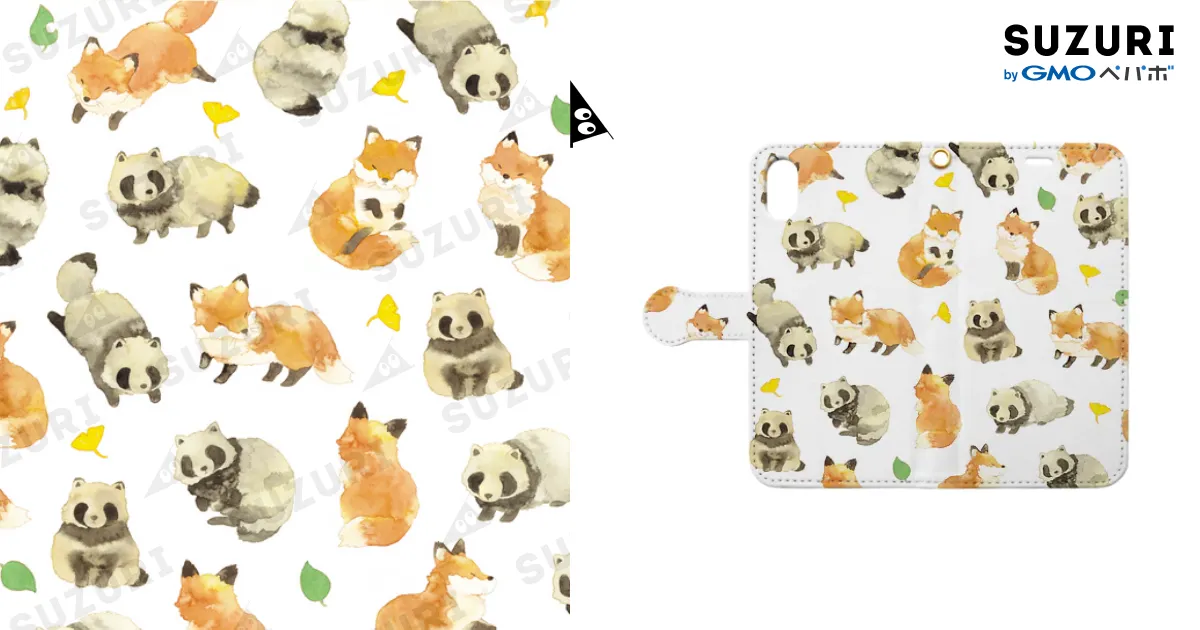 たぬきときつね柄 手帳型ケース / さとろく ( satoroku_18 )の手帳型
