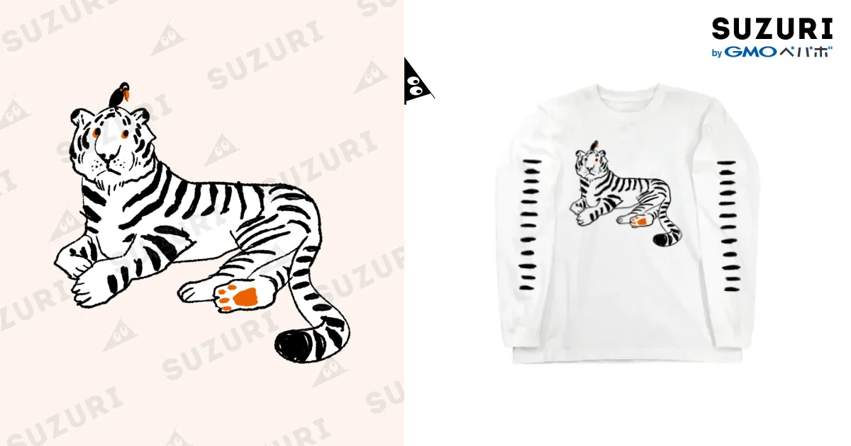 ホワイト 長袖Tシャツ 虎のプリント 衣 京都ブランド 虎柄 デカ プリント コットン 長袖 tシャツ