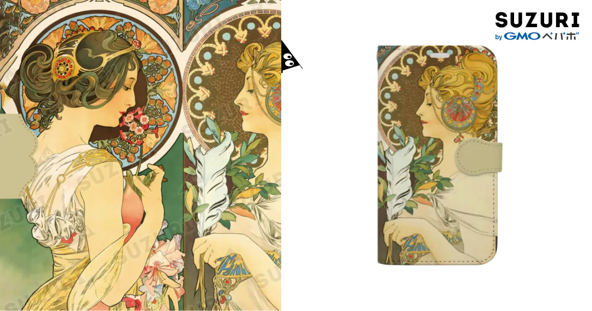 ミュシャ 桜草と羽根 手帳型スマホケース 人気おしゃれ絵画iPhone