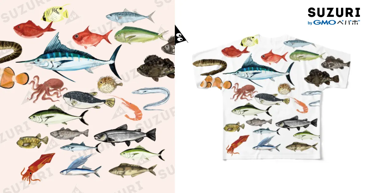 青色の魚イラストTシャツ c68a915a80141d800f723953e4ccb1